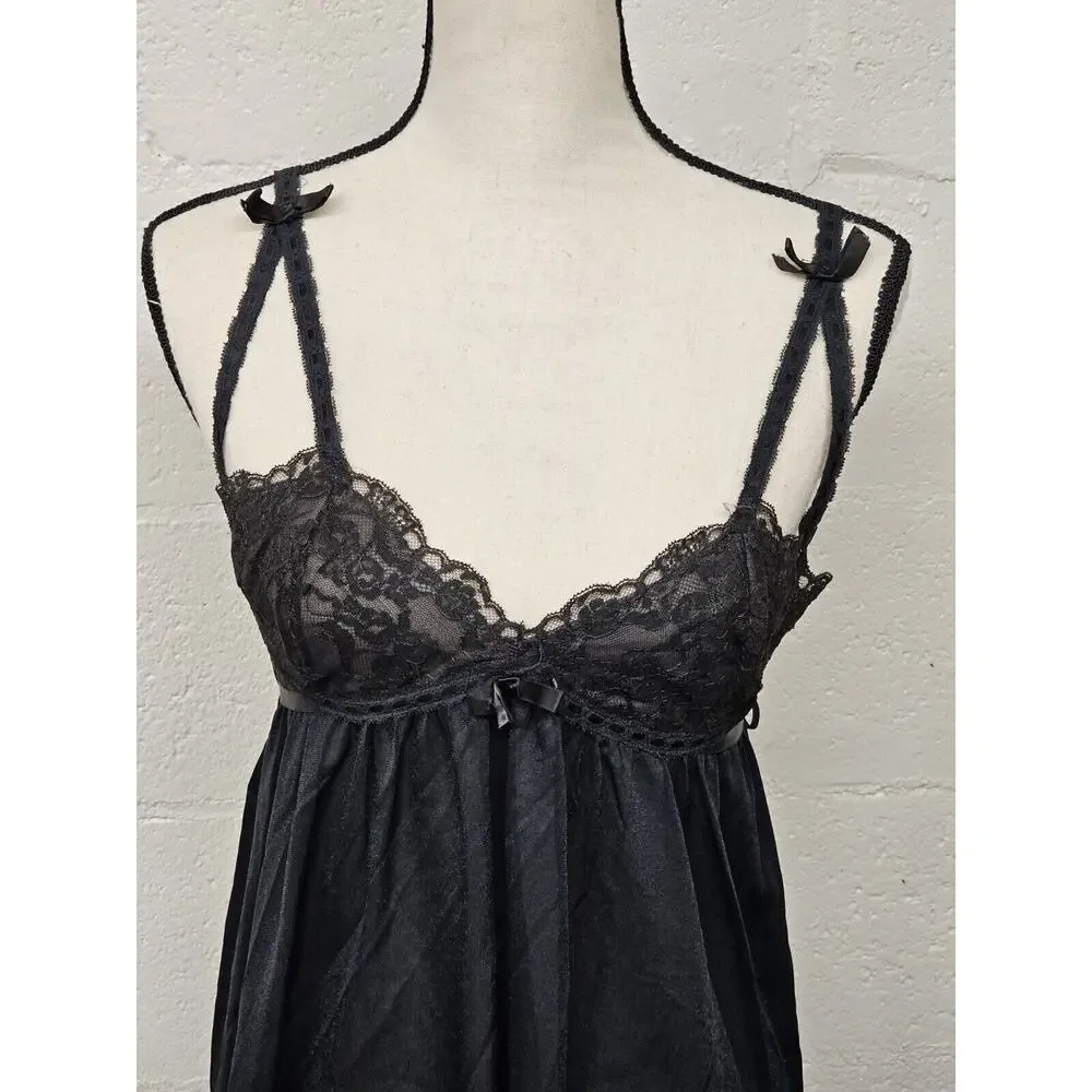 VTG Hollywood Womens Satin Midi Slip Dress Size 34 L Coquette Y2K Lace Bows